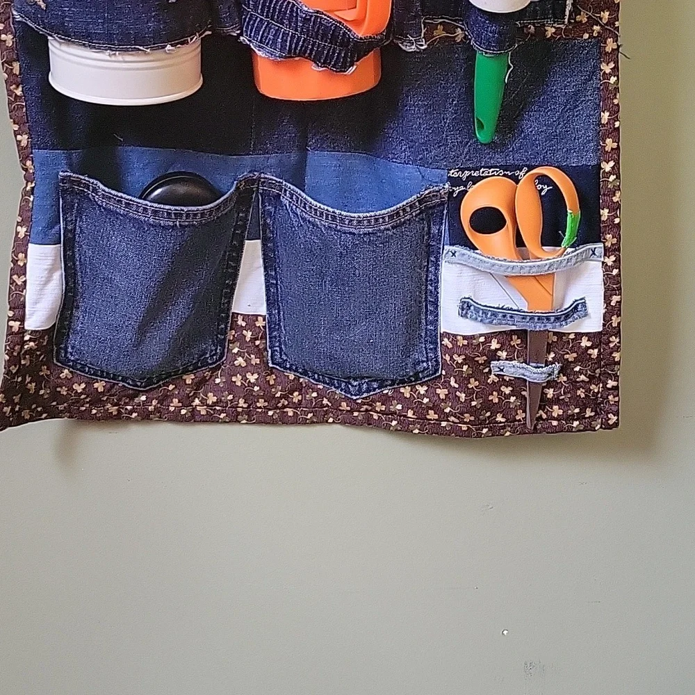 HAND CRAFTED Organizer UPCYCLED Blue Denim Pocket Brown Floral Hanging 29 X20 In